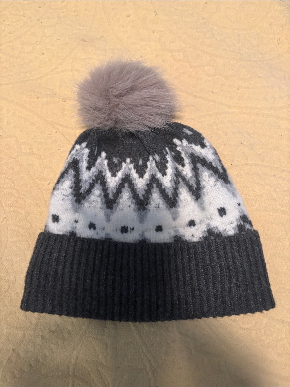 Gray Fair Isle Pom Beanie